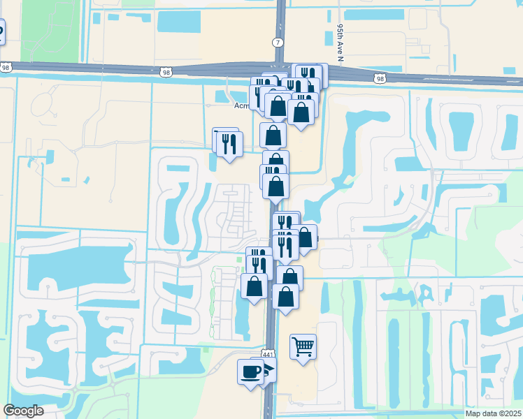 map of restaurants, bars, coffee shops, grocery stores, and more near 135 U.S. 441 in Royal Palm Beach