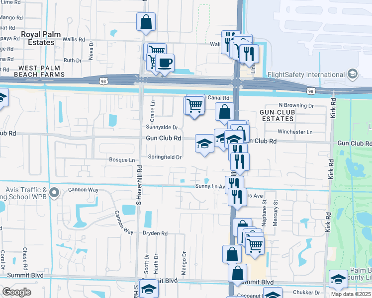 map of restaurants, bars, coffee shops, grocery stores, and more near 310 Springfield Drive in West Palm Beach