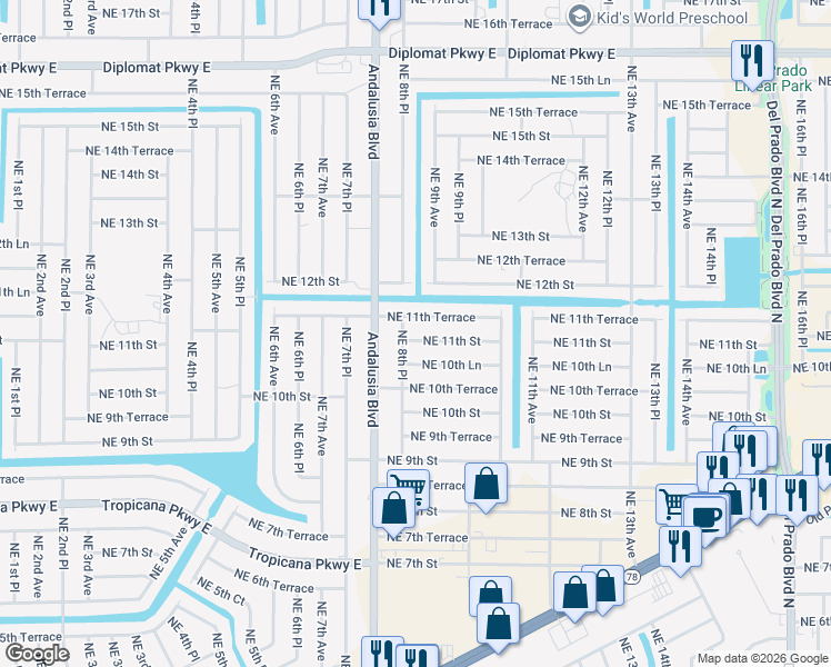 map of restaurants, bars, coffee shops, grocery stores, and more near 821 Northeast 11th Street in Cape Coral