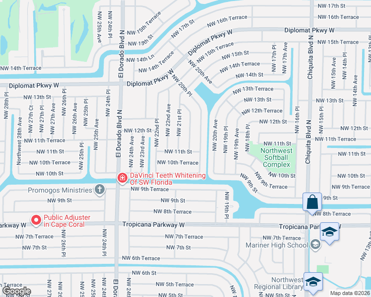 map of restaurants, bars, coffee shops, grocery stores, and more near 1101 Northwest 21st Avenue in Cape Coral