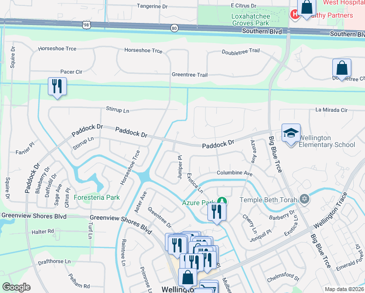 map of restaurants, bars, coffee shops, grocery stores, and more near 14010 Paddock Drive in West Palm Beach