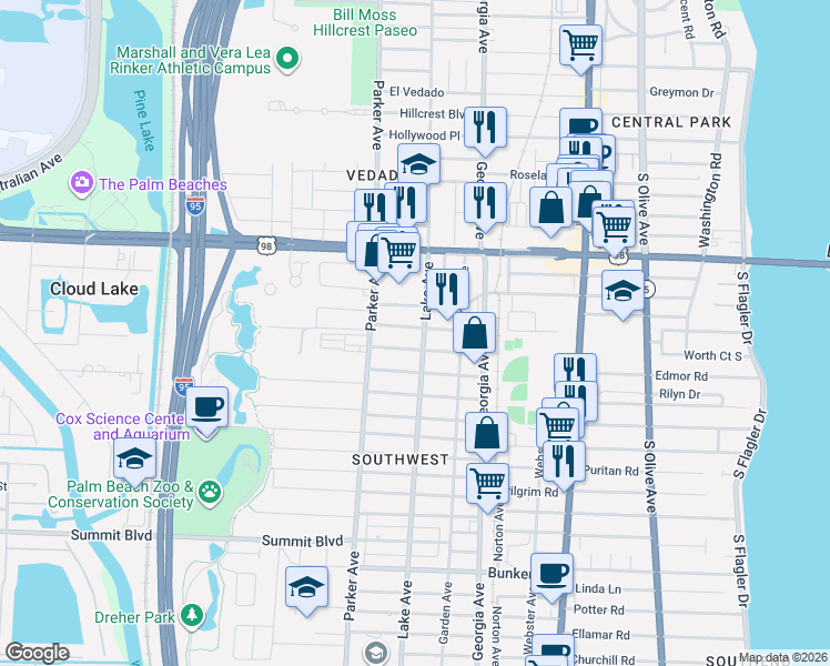 map of restaurants, bars, coffee shops, grocery stores, and more near 4401 Lake Avenue in West Palm Beach