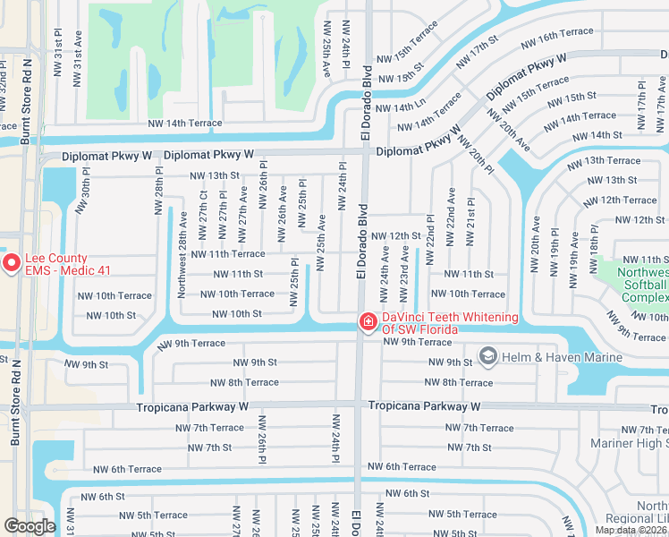 map of restaurants, bars, coffee shops, grocery stores, and more near 1102 Northwest 24th Place in Cape Coral