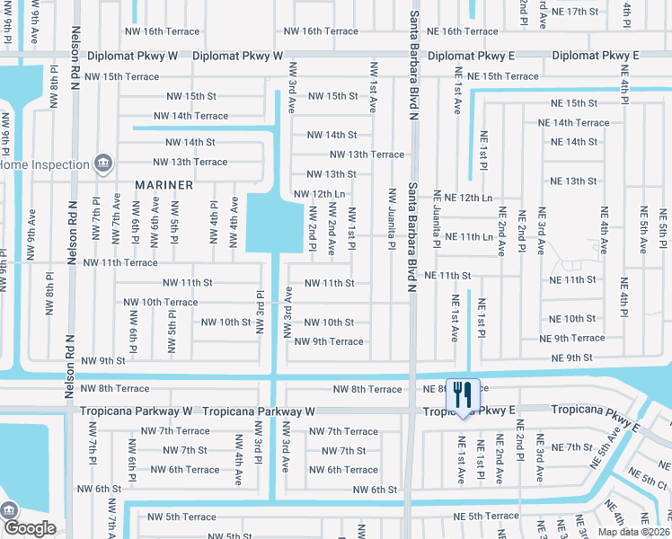 map of restaurants, bars, coffee shops, grocery stores, and more near 124 Northwest 11th Terrace in Cape Coral
