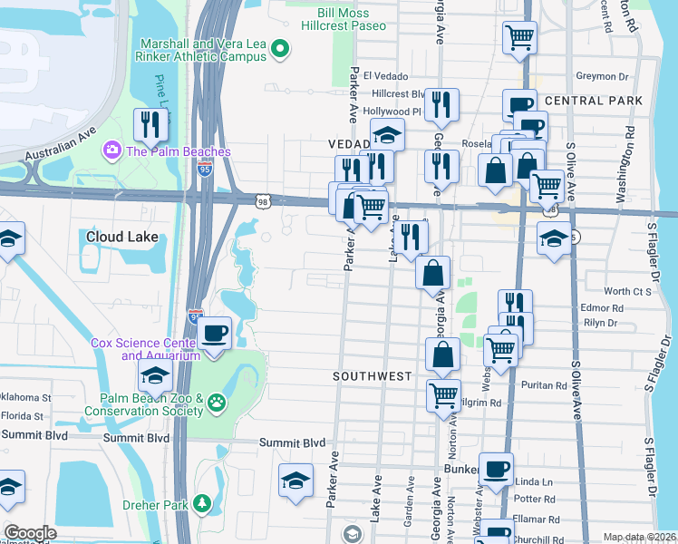 map of restaurants, bars, coffee shops, grocery stores, and more near 15 George Street in West Palm Beach