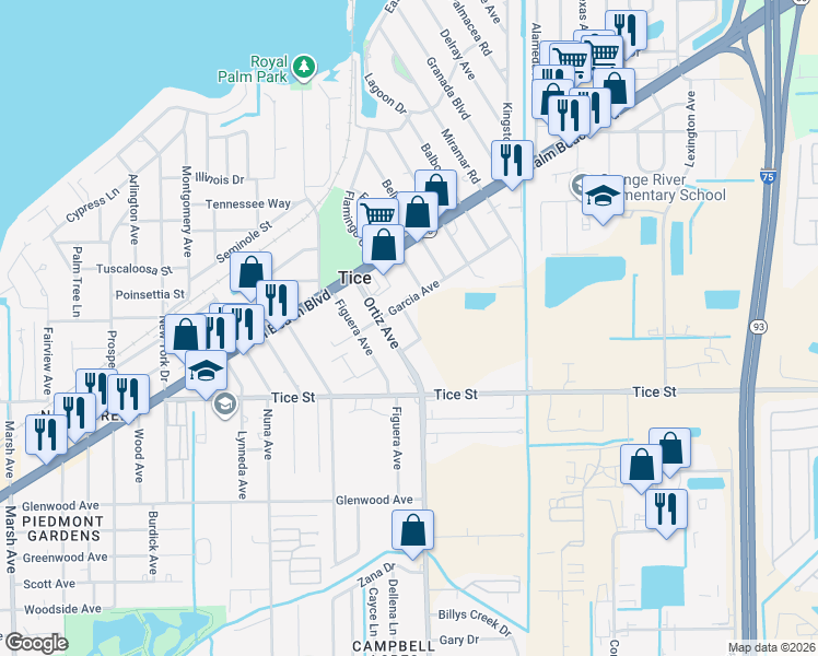 map of restaurants, bars, coffee shops, grocery stores, and more near 460 Menocal Avenue in Fort Myers
