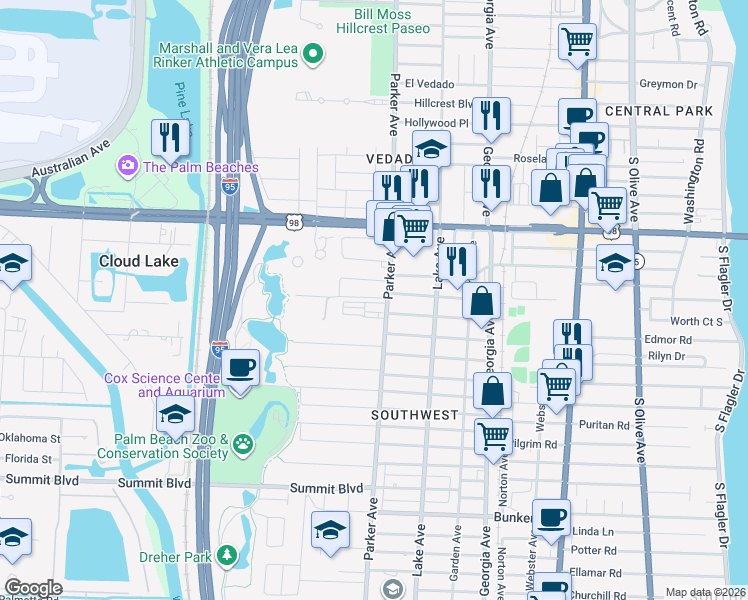 map of restaurants, bars, coffee shops, grocery stores, and more near 15 George Street in West Palm Beach