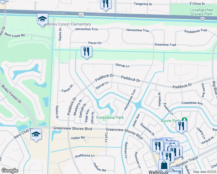 map of restaurants, bars, coffee shops, grocery stores, and more near 14481 Autumn Avenue in Wellington