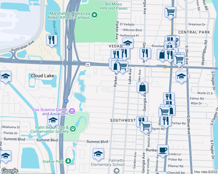 map of restaurants, bars, coffee shops, grocery stores, and more near 15 George Street in West Palm Beach