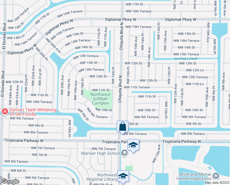 map of restaurants, bars, coffee shops, grocery stores, and more near 1039 Northwest 16th Place in Cape Coral