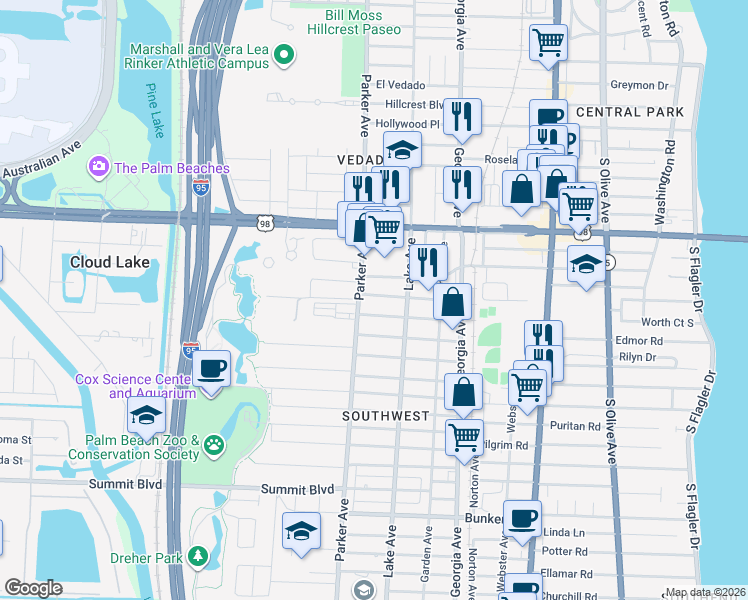 map of restaurants, bars, coffee shops, grocery stores, and more near 842 Kaye Street in West Palm Beach