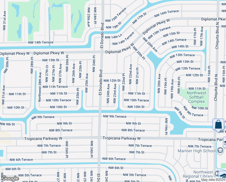 map of restaurants, bars, coffee shops, grocery stores, and more near 1104 Northwest 23rd Avenue in Cape Coral