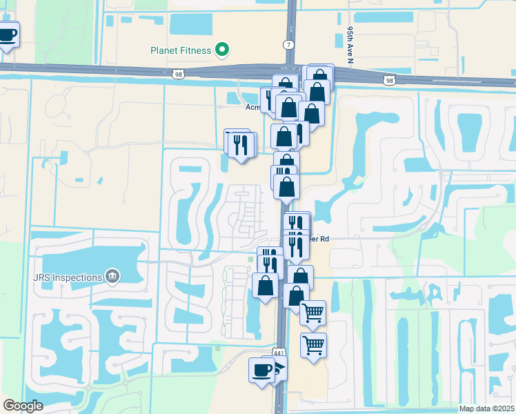 map of restaurants, bars, coffee shops, grocery stores, and more near 3401 Shoma Drive in Royal Palm Beach