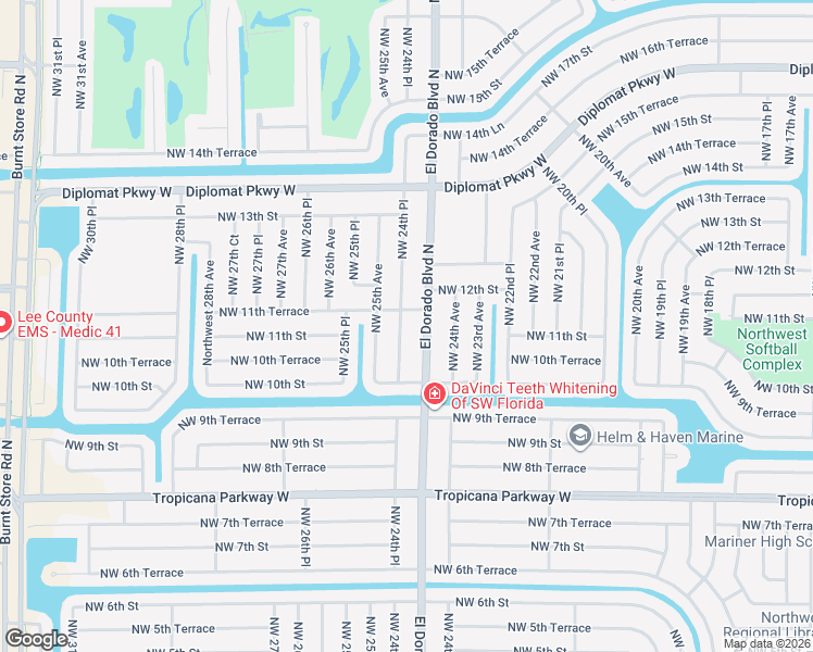 map of restaurants, bars, coffee shops, grocery stores, and more near 1102 Northwest 24th Place in Cape Coral
