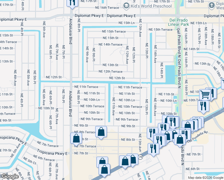 map of restaurants, bars, coffee shops, grocery stores, and more near in Cape Coral