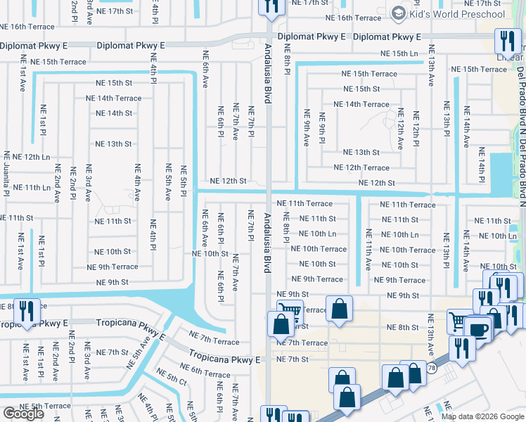 map of restaurants, bars, coffee shops, grocery stores, and more near 1101 Andalusia Boulevard in Cape Coral