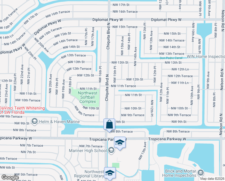 map of restaurants, bars, coffee shops, grocery stores, and more near 1108 Northwest 15th Place in Cape Coral