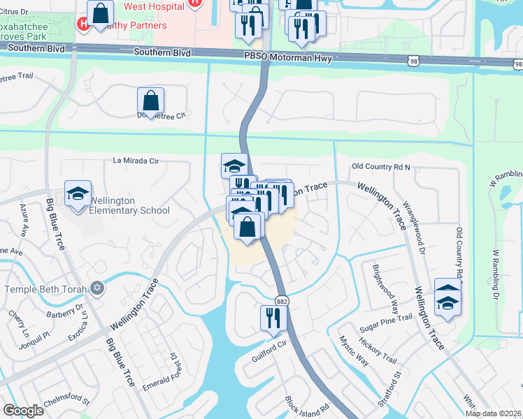 map of restaurants, bars, coffee shops, grocery stores, and more near 12788 Forest Hill Boulevard in Wellington