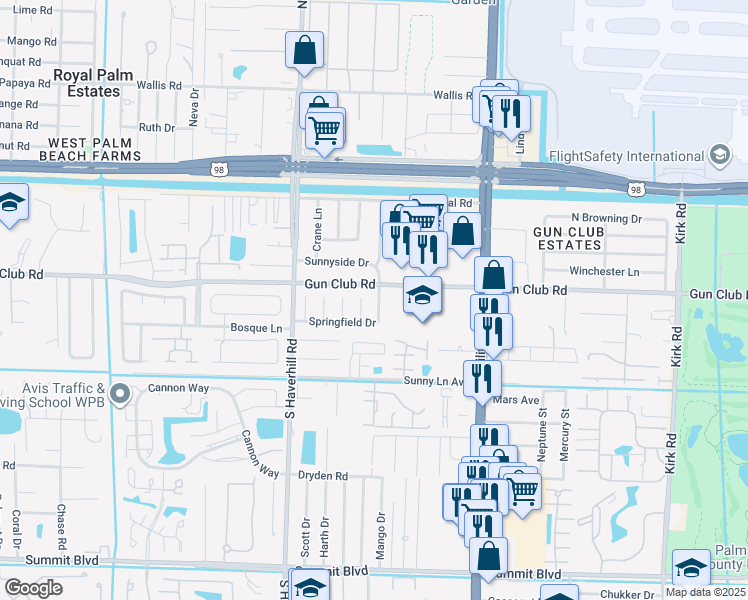 map of restaurants, bars, coffee shops, grocery stores, and more near 310 Springfield Drive in West Palm Beach