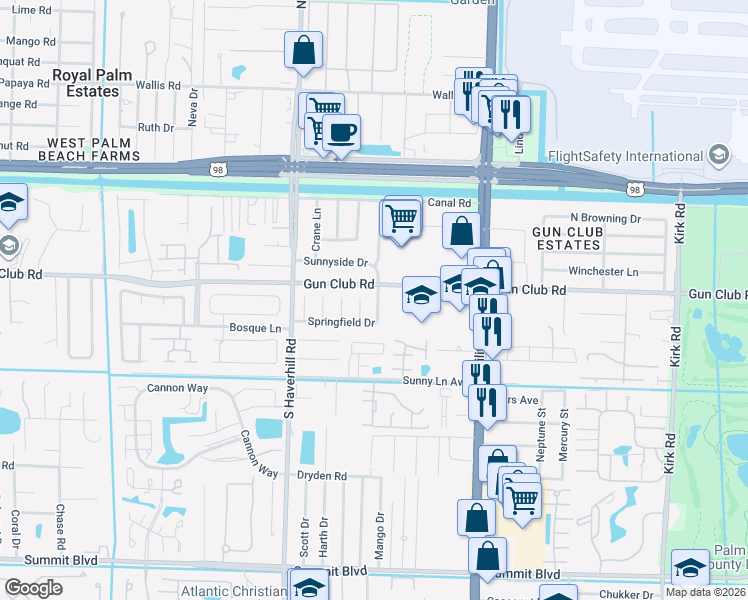 map of restaurants, bars, coffee shops, grocery stores, and more near 310 Springfield Drive in West Palm Beach