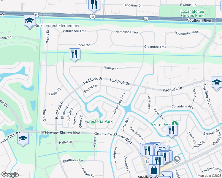 map of restaurants, bars, coffee shops, grocery stores, and more near 14374 Crowberry Court in Wellington