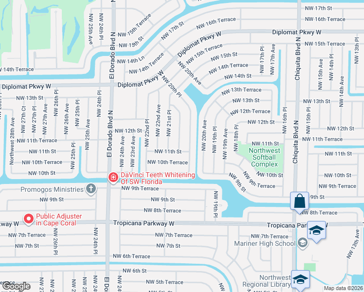 map of restaurants, bars, coffee shops, grocery stores, and more near 1101 Northwest 21st Avenue in Cape Coral