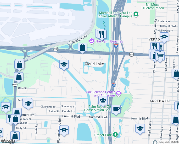 map of restaurants, bars, coffee shops, grocery stores, and more near 304 Lang Road in West Palm Beach