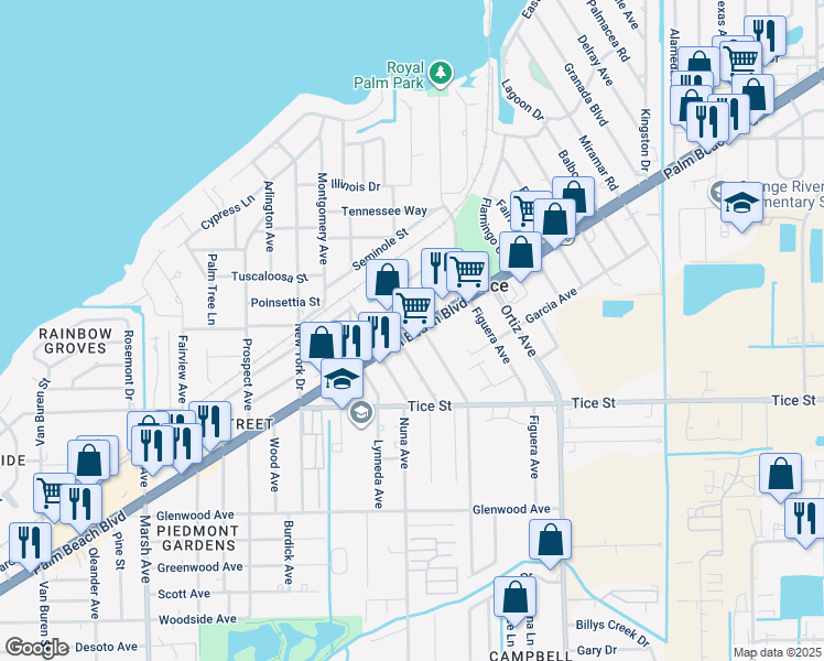 map of restaurants, bars, coffee shops, grocery stores, and more near in Fort Myers