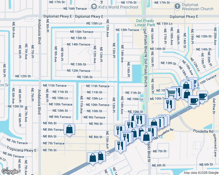 map of restaurants, bars, coffee shops, grocery stores, and more near 1109 Northeast 13th Avenue in Cape Coral