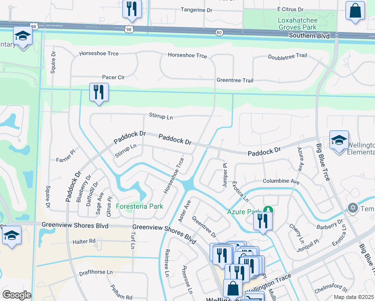 map of restaurants, bars, coffee shops, grocery stores, and more near 14174 Blackberry Drive in Wellington