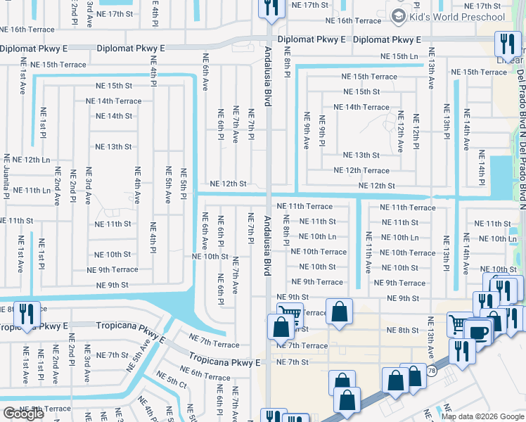 map of restaurants, bars, coffee shops, grocery stores, and more near 1101 Andalusia Boulevard in Cape Coral