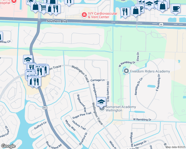 map of restaurants, bars, coffee shops, grocery stores, and more near 274 Wranglewood Drive in Wellington