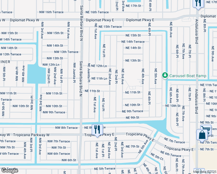 map of restaurants, bars, coffee shops, grocery stores, and more near 130 Northeast 11th Terrace in Cape Coral
