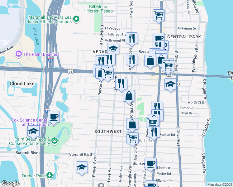 map of restaurants, bars, coffee shops, grocery stores, and more near 4401 Lake Avenue in West Palm Beach