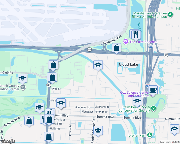 map of restaurants, bars, coffee shops, grocery stores, and more near 2575 Homewood Road in West Palm Beach