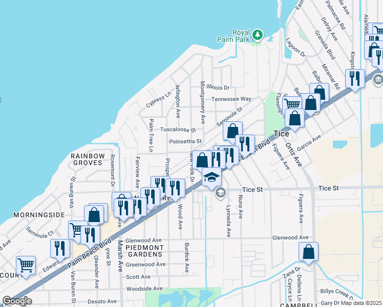 map of restaurants, bars, coffee shops, grocery stores, and more near 393 New York Drive in Tice