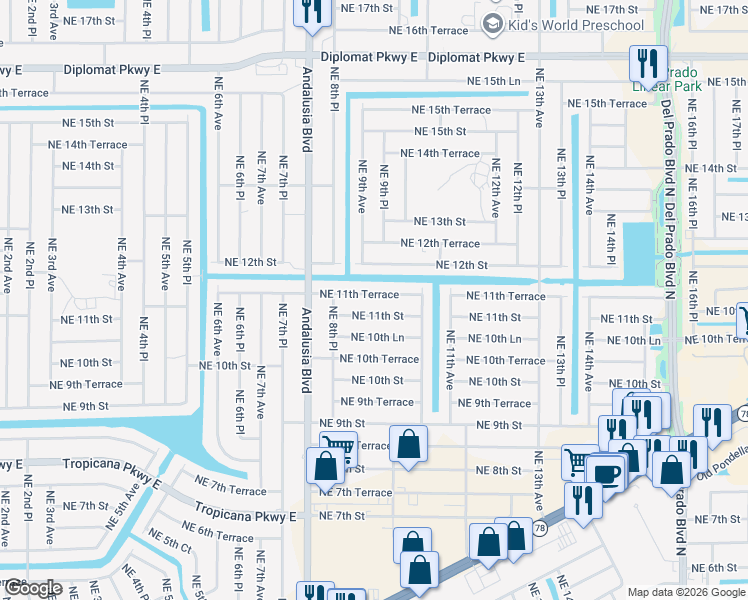 map of restaurants, bars, coffee shops, grocery stores, and more near 911 Northeast 11th Street in Cape Coral
