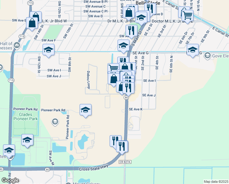 map of restaurants, bars, coffee shops, grocery stores, and more near 1024 South Main Street in Belle Glade