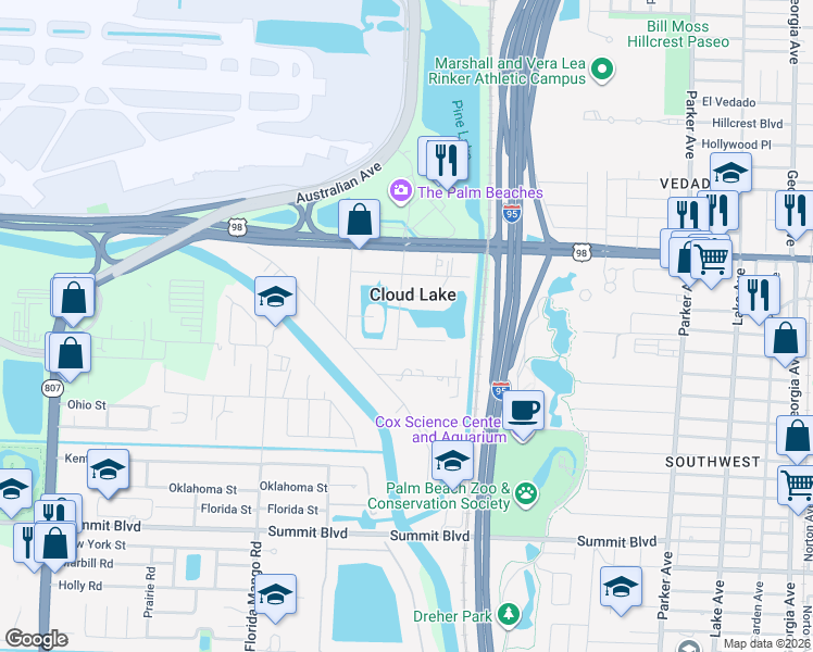 map of restaurants, bars, coffee shops, grocery stores, and more near 304 Lang Road in West Palm Beach
