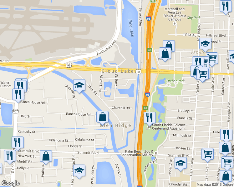 map of restaurants, bars, coffee shops, grocery stores, and more near 303 Lang Road in West Palm Beach
