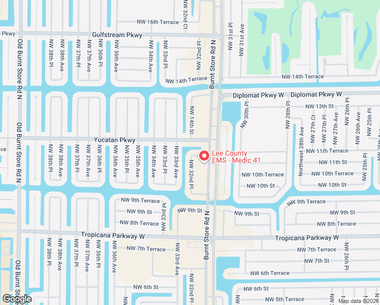map of restaurants, bars, coffee shops, grocery stores, and more near 1037 Northwest 32nd Place in Cape Coral