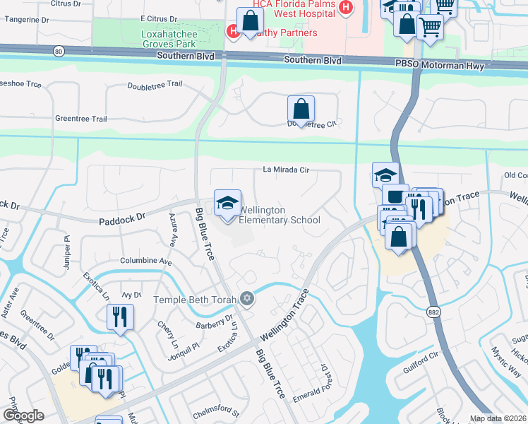 map of restaurants, bars, coffee shops, grocery stores, and more near 396 Sea Lavender Terrace in Wellington