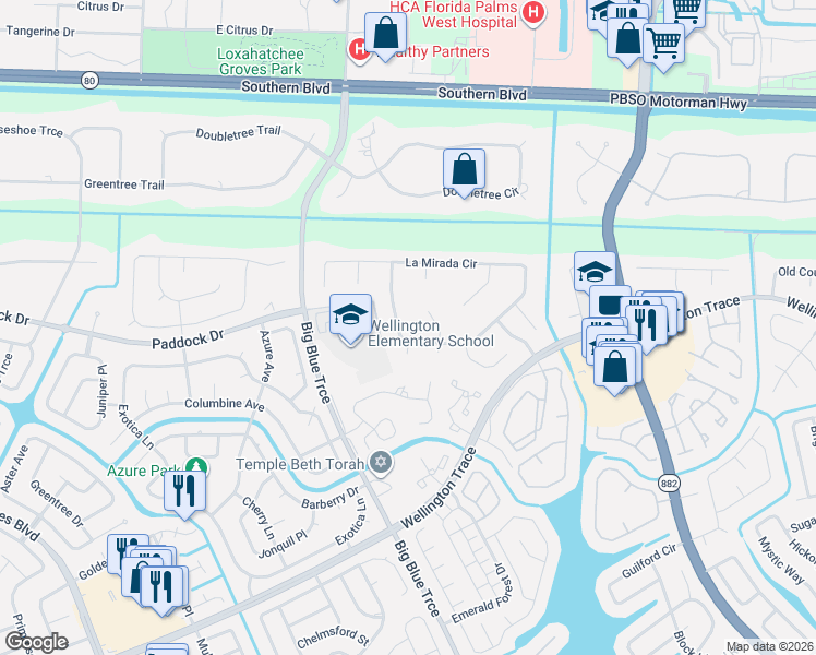 map of restaurants, bars, coffee shops, grocery stores, and more near 13074 La Mirada Circle in Wellington