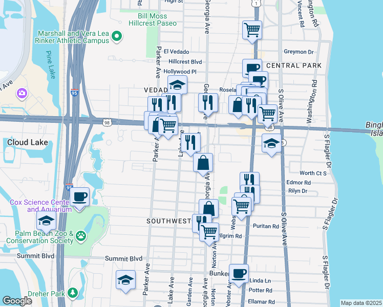 map of restaurants, bars, coffee shops, grocery stores, and more near 4400 Garden Avenue in West Palm Beach