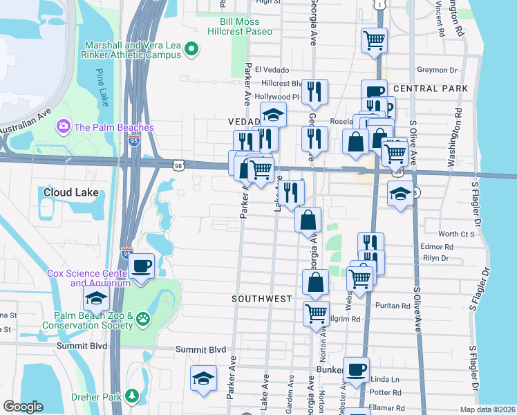 map of restaurants, bars, coffee shops, grocery stores, and more near 842 Kaye Street in West Palm Beach