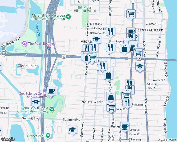 map of restaurants, bars, coffee shops, grocery stores, and more near 842 Kaye Street in West Palm Beach