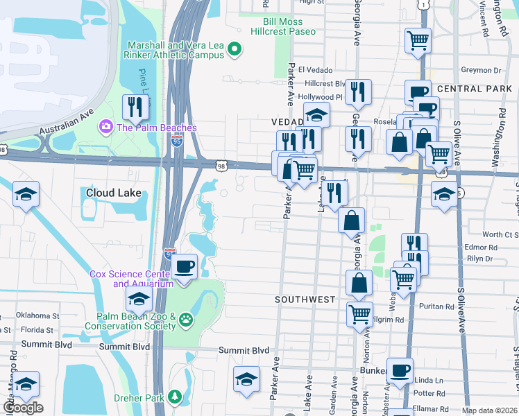 map of restaurants, bars, coffee shops, grocery stores, and more near 15 George Street in West Palm Beach