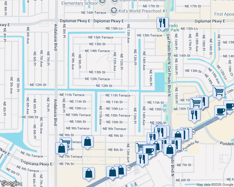 map of restaurants, bars, coffee shops, grocery stores, and more near 1121 Northeast 11th Street in Cape Coral