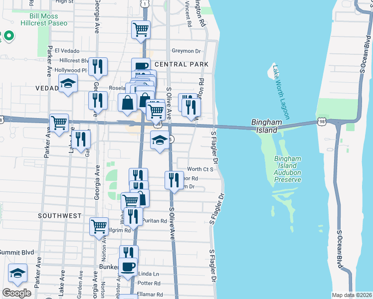 map of restaurants, bars, coffee shops, grocery stores, and more near 4400 Washington Road in West Palm Beach