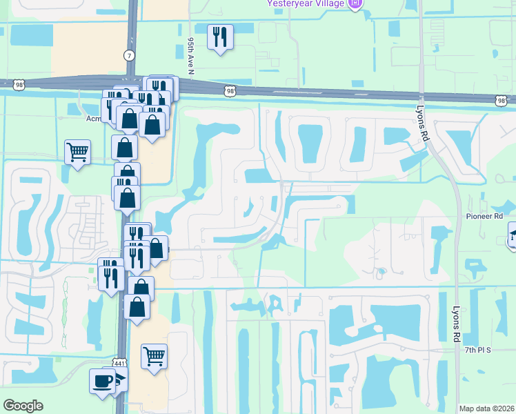 map of restaurants, bars, coffee shops, grocery stores, and more near 9295 Madewood Court in Royal Palm Beach